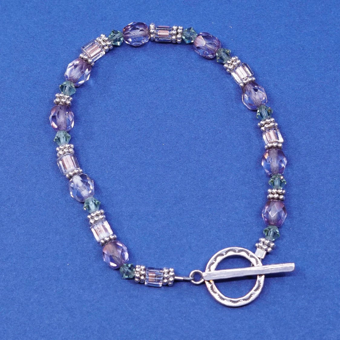 6.25”, vtg sterling silver handmade bracelet, 925 w/ purple crystal beads