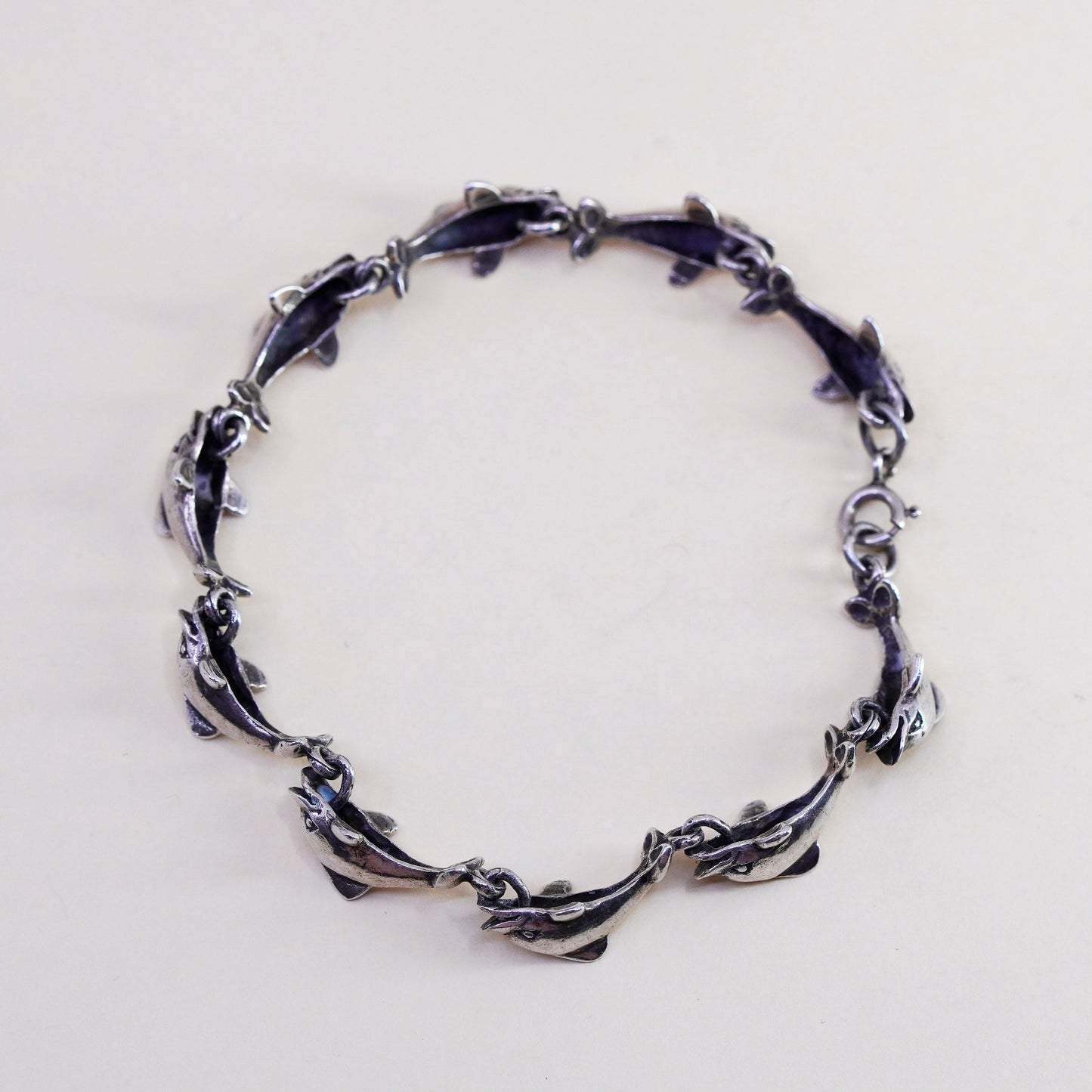 7.25”, vintage Sterling silver handmade bracelet, 925 dolphin links chain