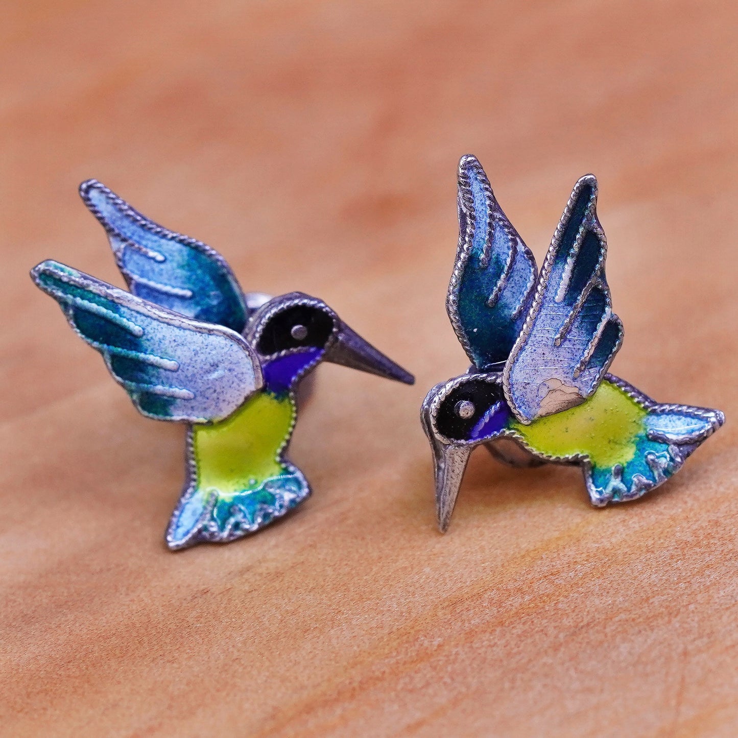 Vintage Sterling silver handmade earrings, 925 enamel hummingbird studs