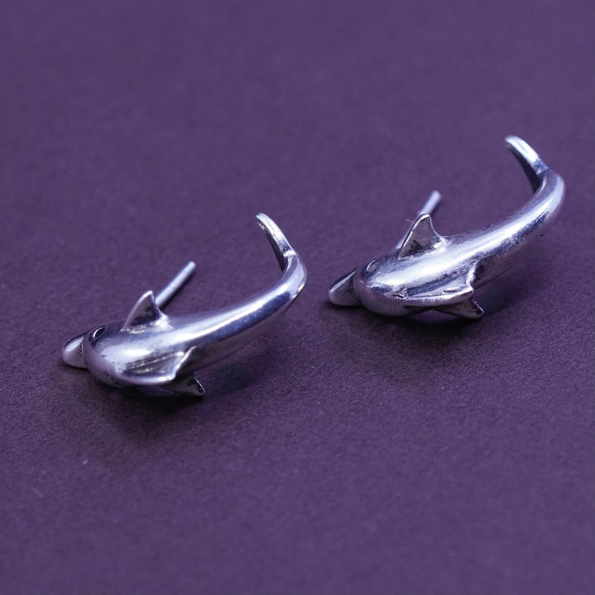 Vintage Sterling silver handmade earrings, 925 dolphin studs