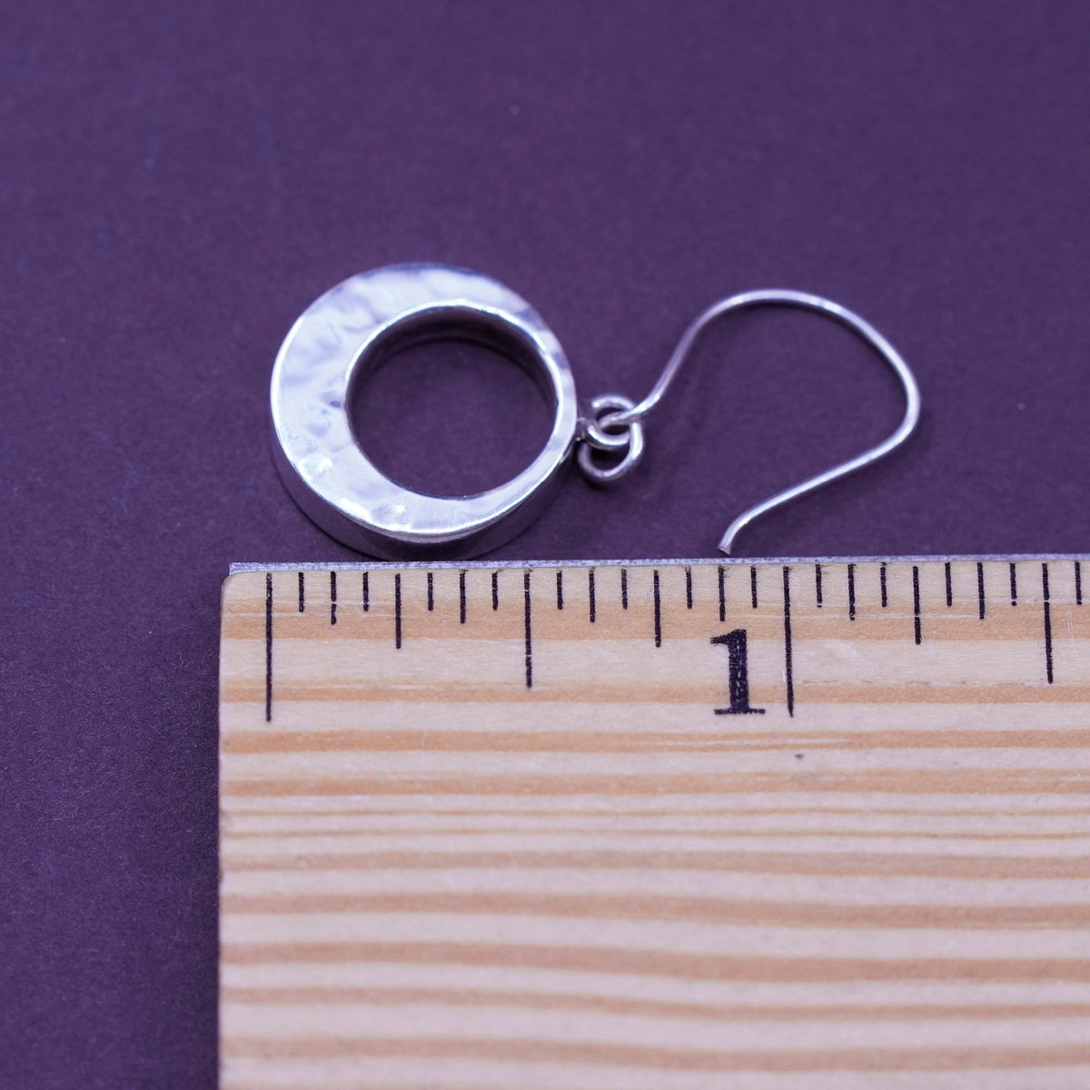 Vintage handmade sterling silver earrings, 925 circle hammered dangle