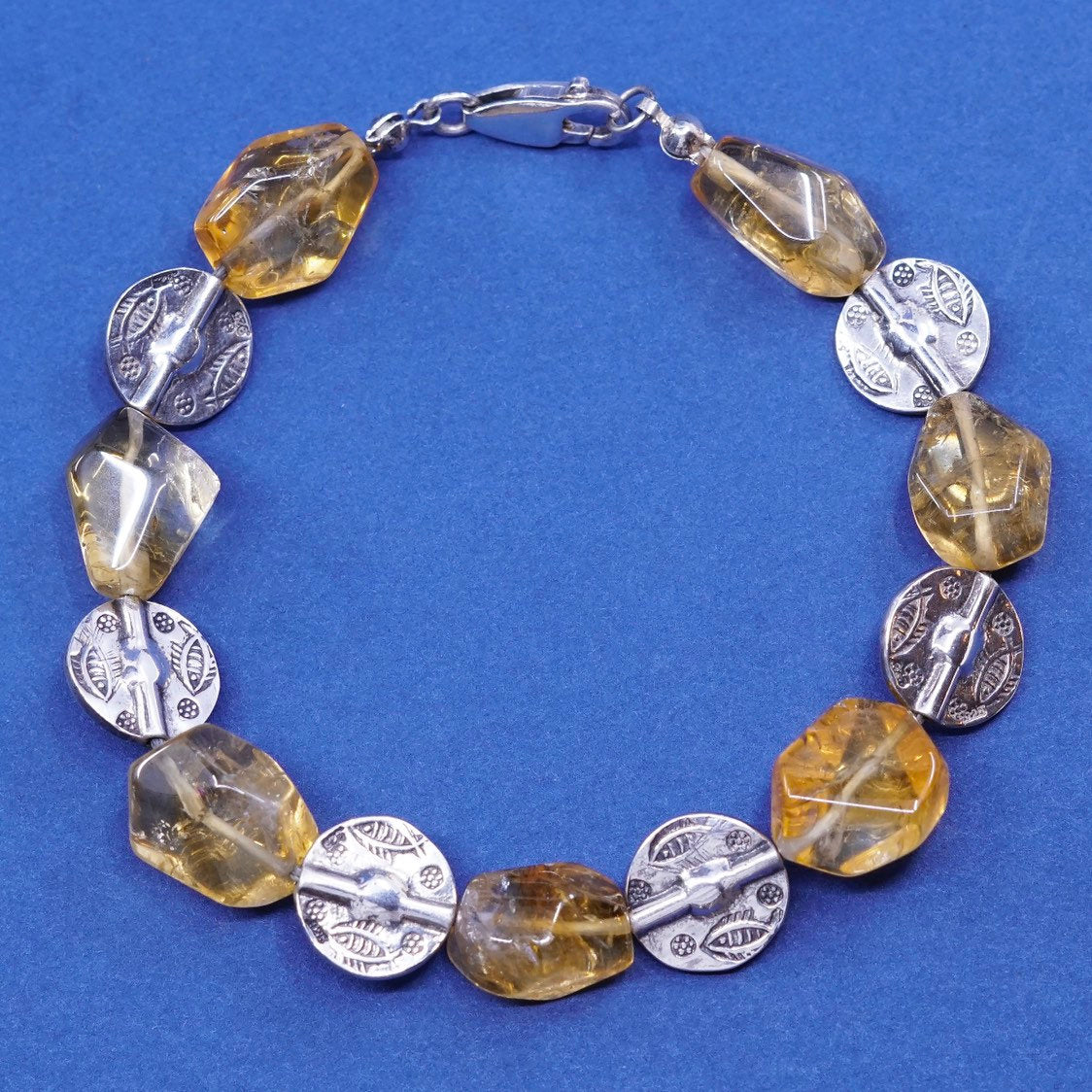 7.5", vtg Sterling silver handmade bracelet, 925 w/ citrine, stamped 925