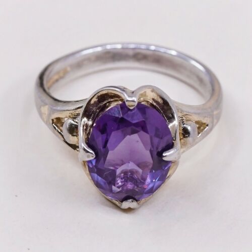 Sz 5, Vtg Sterling silver handmade ring, Engagement 925 W/ Oval Amethyst