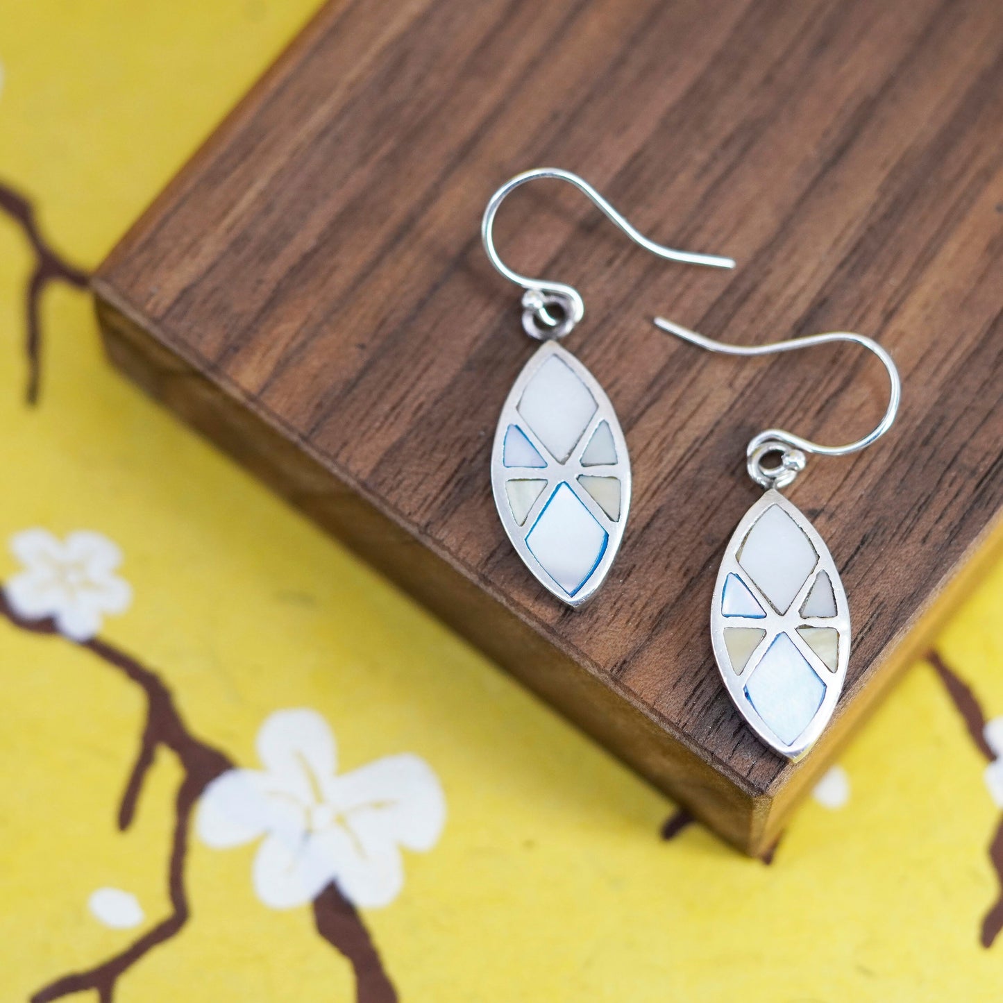 Sterling silver handmade earrings, 925 marquise shaped dangles mother of pearl