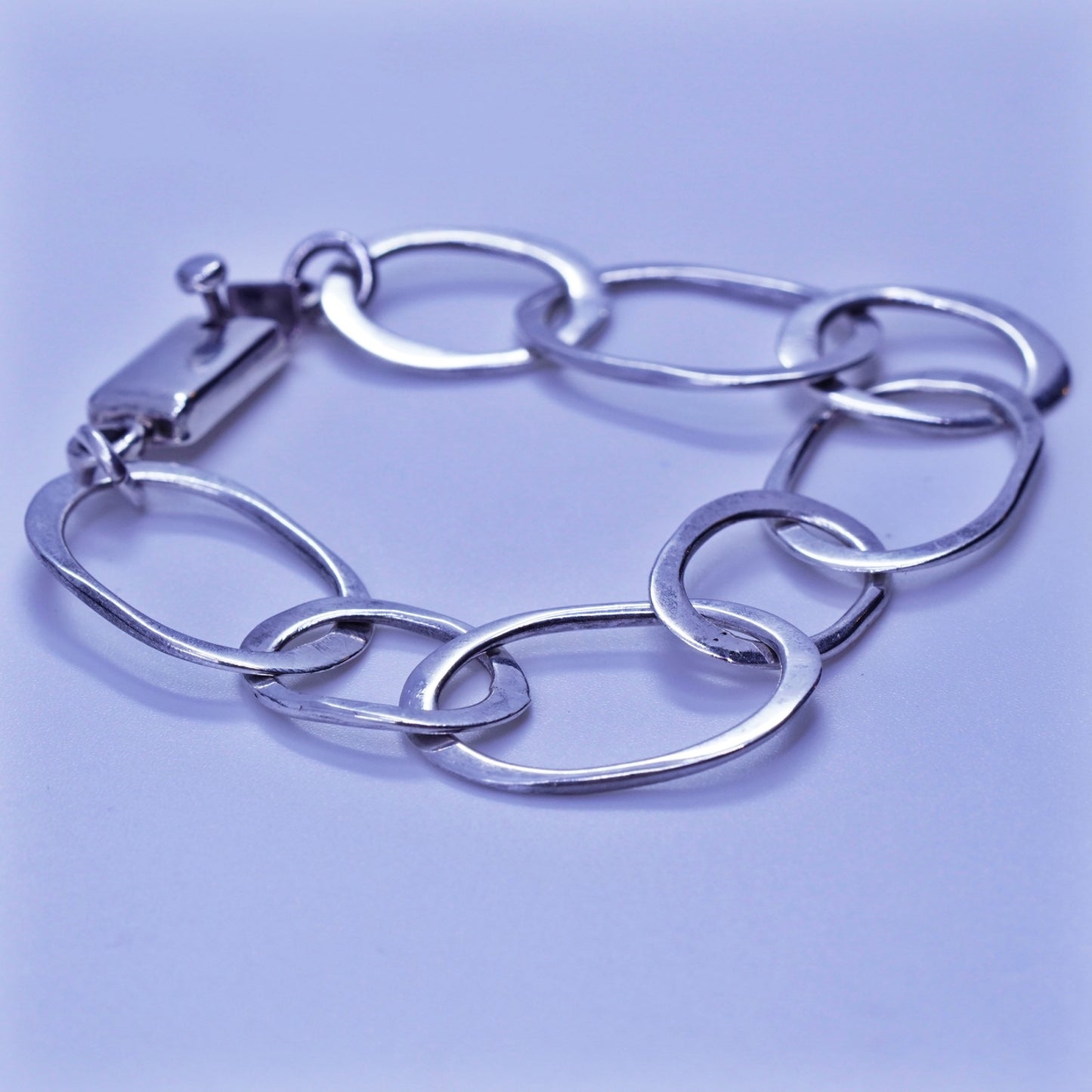 7”, Vintage Sterling 925 silver handmade bracelet, huge oval charm chain