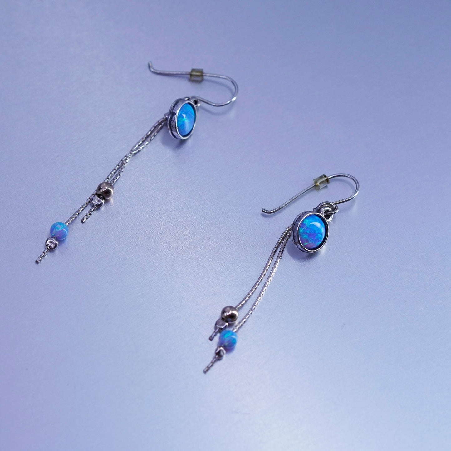 Vintage Sterling 925 silver handmade opal earrings with long fringe
