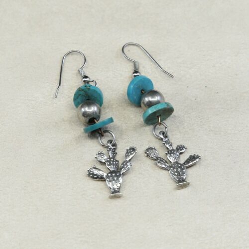 Vtg handmade Sterling 925 Silver earrings W/ Turquoise N Cactus Dangles
