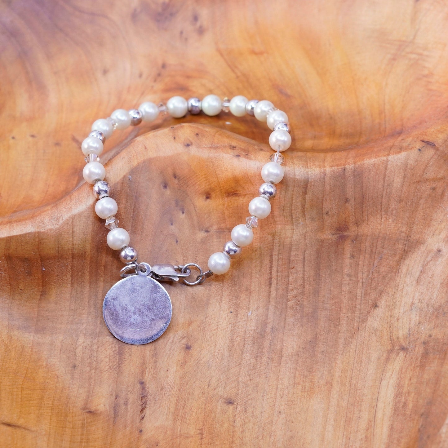 7.25”, Sterling silver bracelet, pearl beads chain 925 charm monogram “ABM”