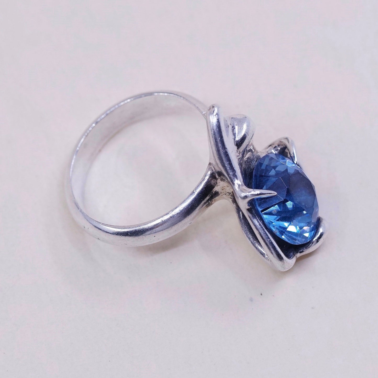 sz 5.5, vintage Sterling 925 silver statement engagement ring with blue topaz