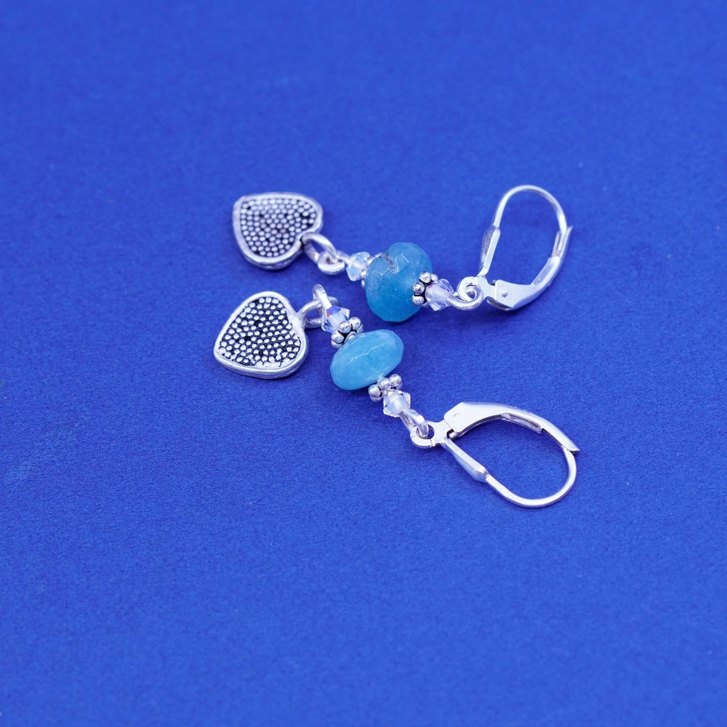 Vintage Sterling silver handmade earrings, 925 heart with jade beads