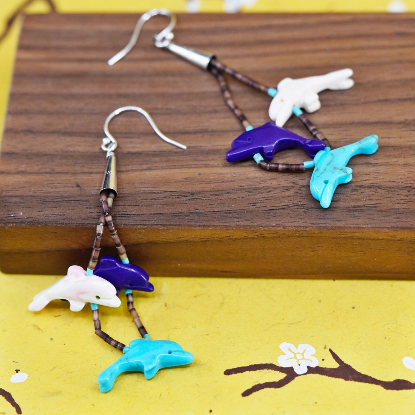 VTG Native American 925 Sterling silver handmade heishi earrings with dolphins