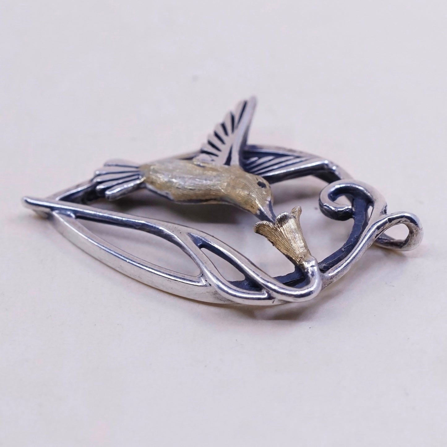 vtg S Tusse Sterling 925 silver pendant, hummingbird with flower and enamel