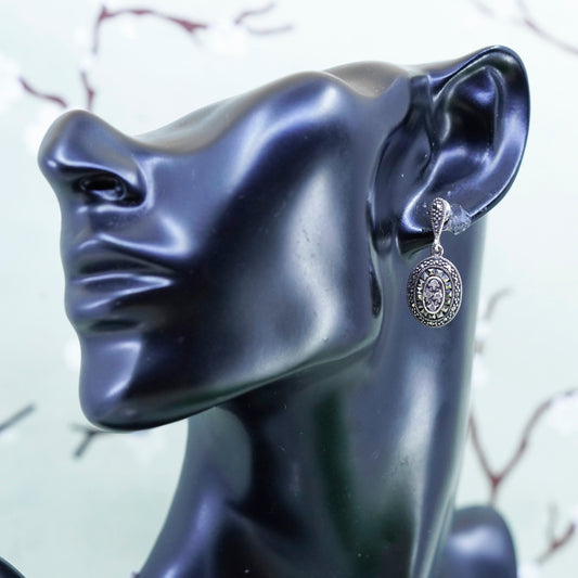 Vintage Sterling 925 silver handmade oval earrings with Marcasite and cz