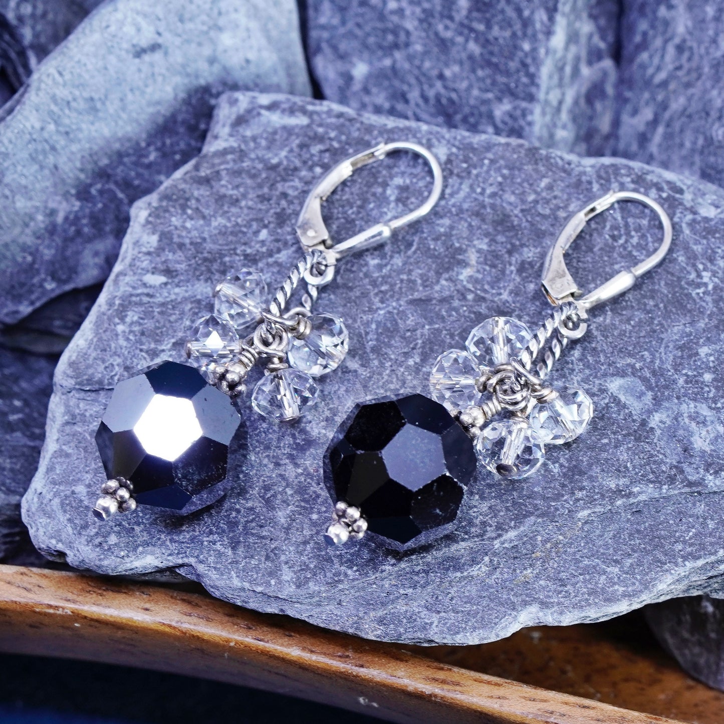 Vintage Sterling 925 silver handmade earrings w/ black crystal cluster crystal