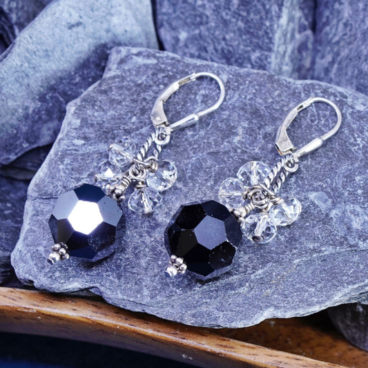 Vintage Sterling 925 silver handmade earrings w/ black crystal cluster crystal