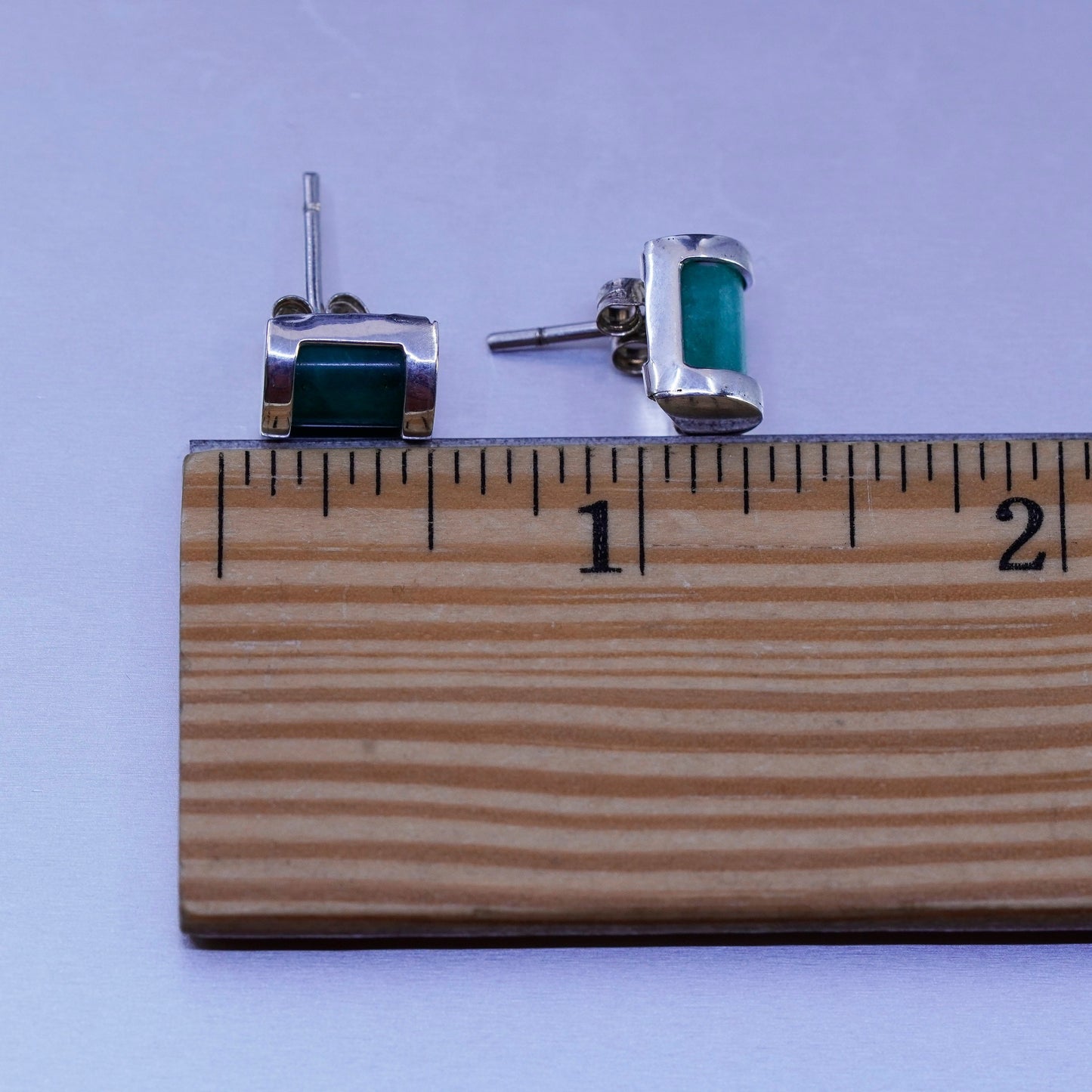 Vintage Sterling 925 silver earrings, square studs with jade
