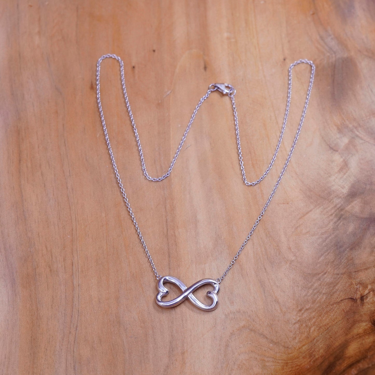 18”, Italy Sterling 925 Silver Circle Chain Necklace W/ double hearts Pendant