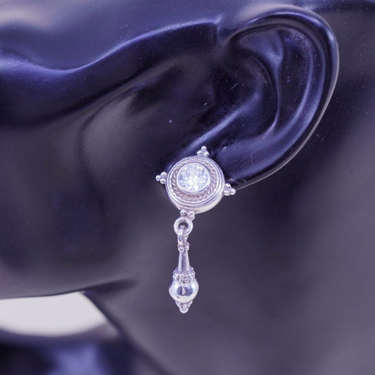 Vintage sterling 925 silver handmade earrings with round CZ and cable
