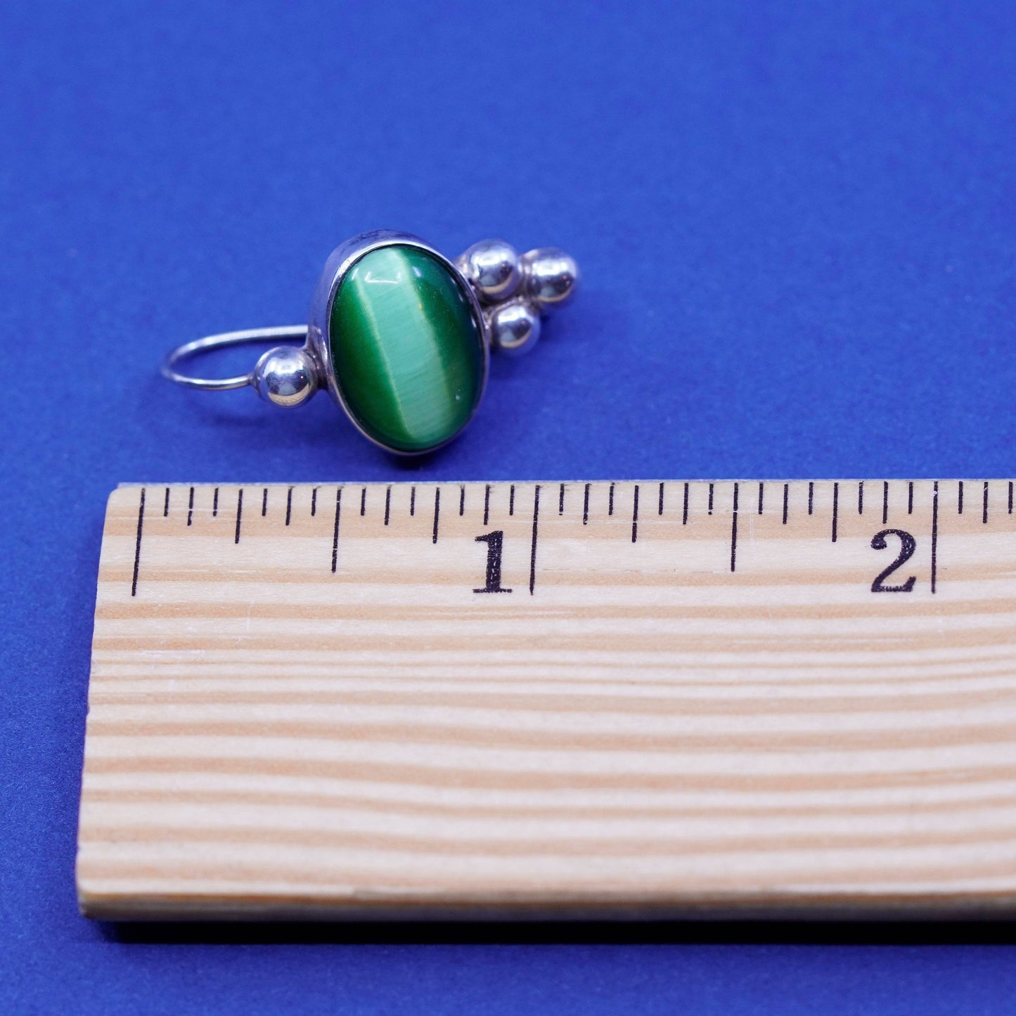 Sterling silver handmade earrings, mexico 925 with lime green cats eye and bead