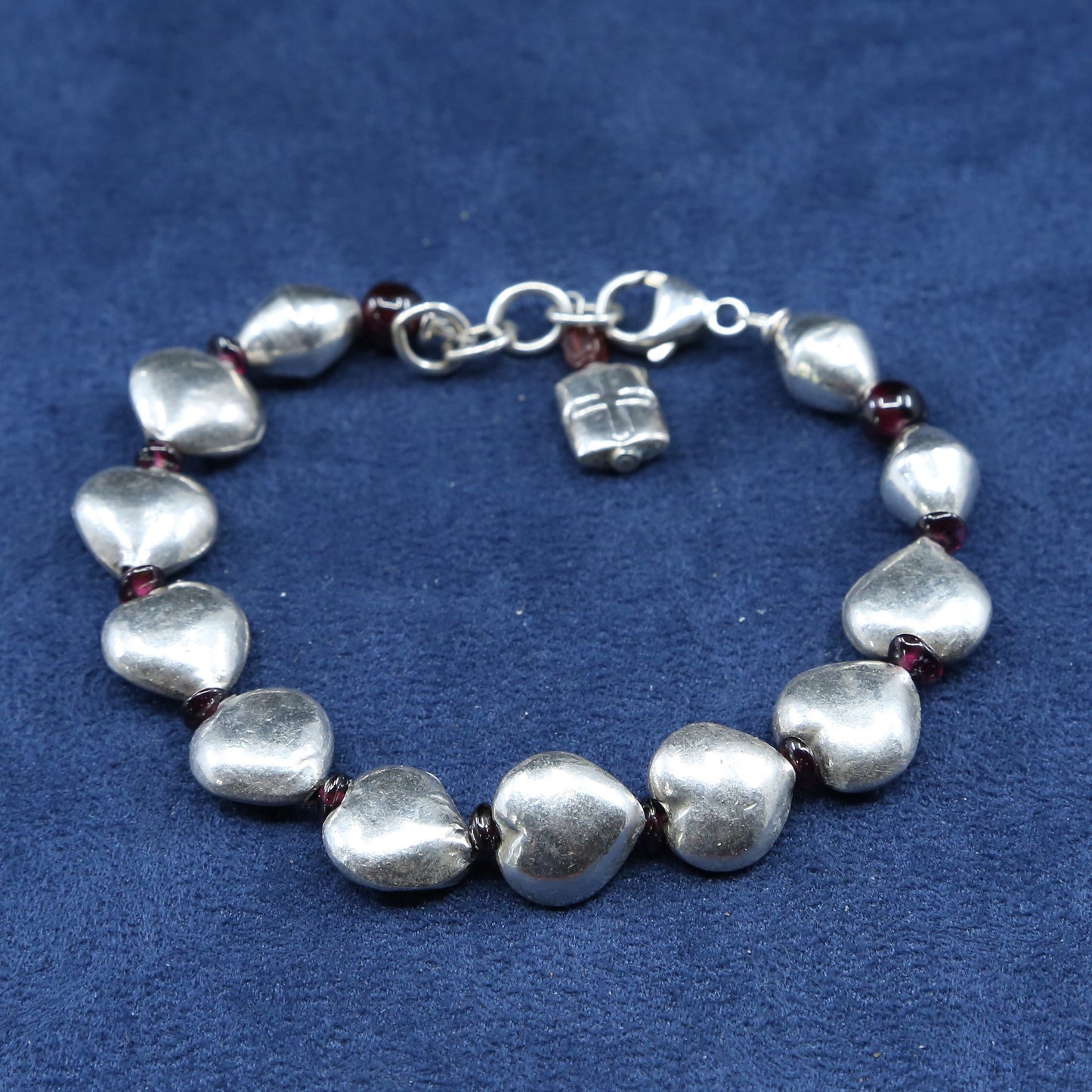 6.75", vtg Sterling silver handmade bracelet, 925 heart beads w/ cross charm