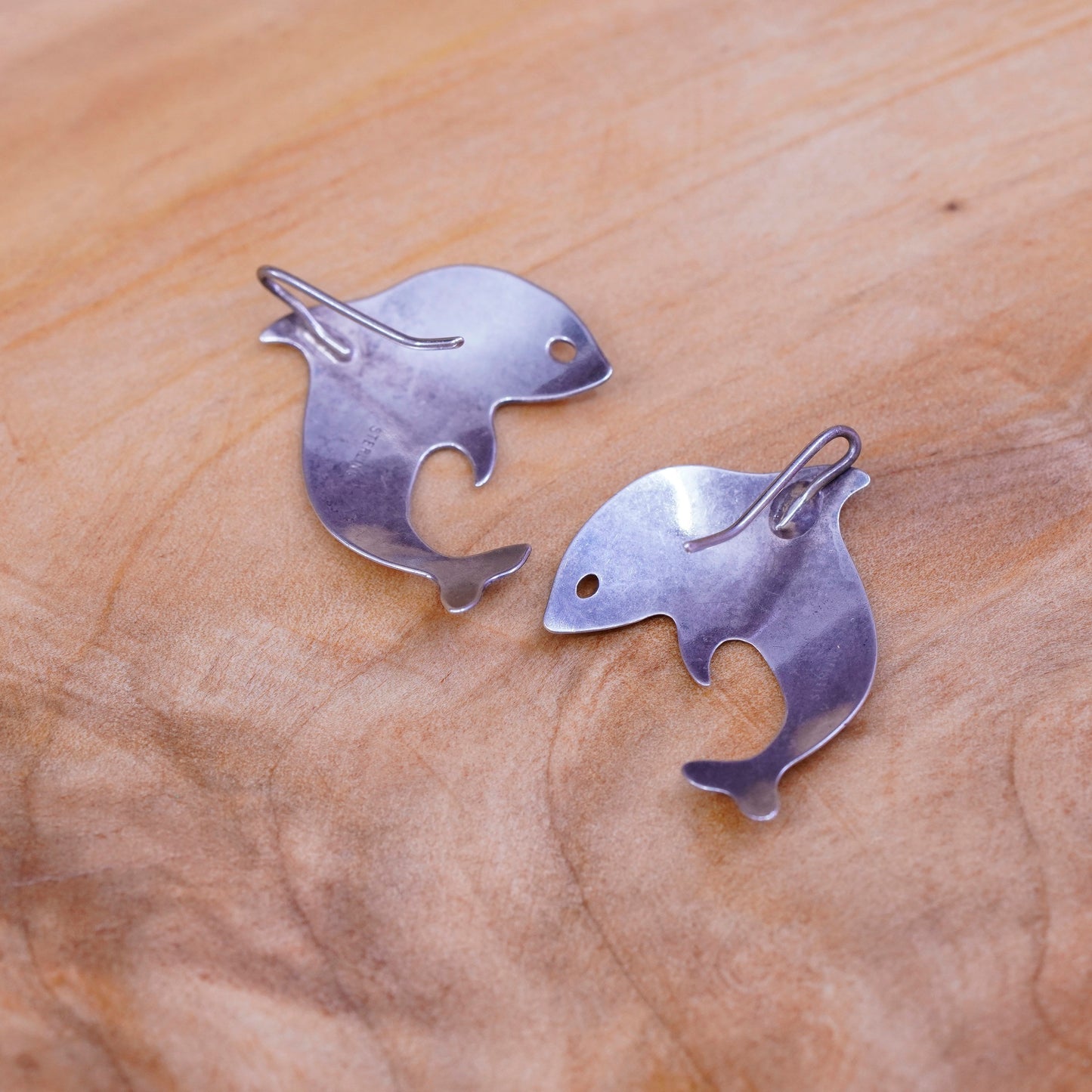 Vintage Sterling silver handmade earrings, 925 dolphin dangles