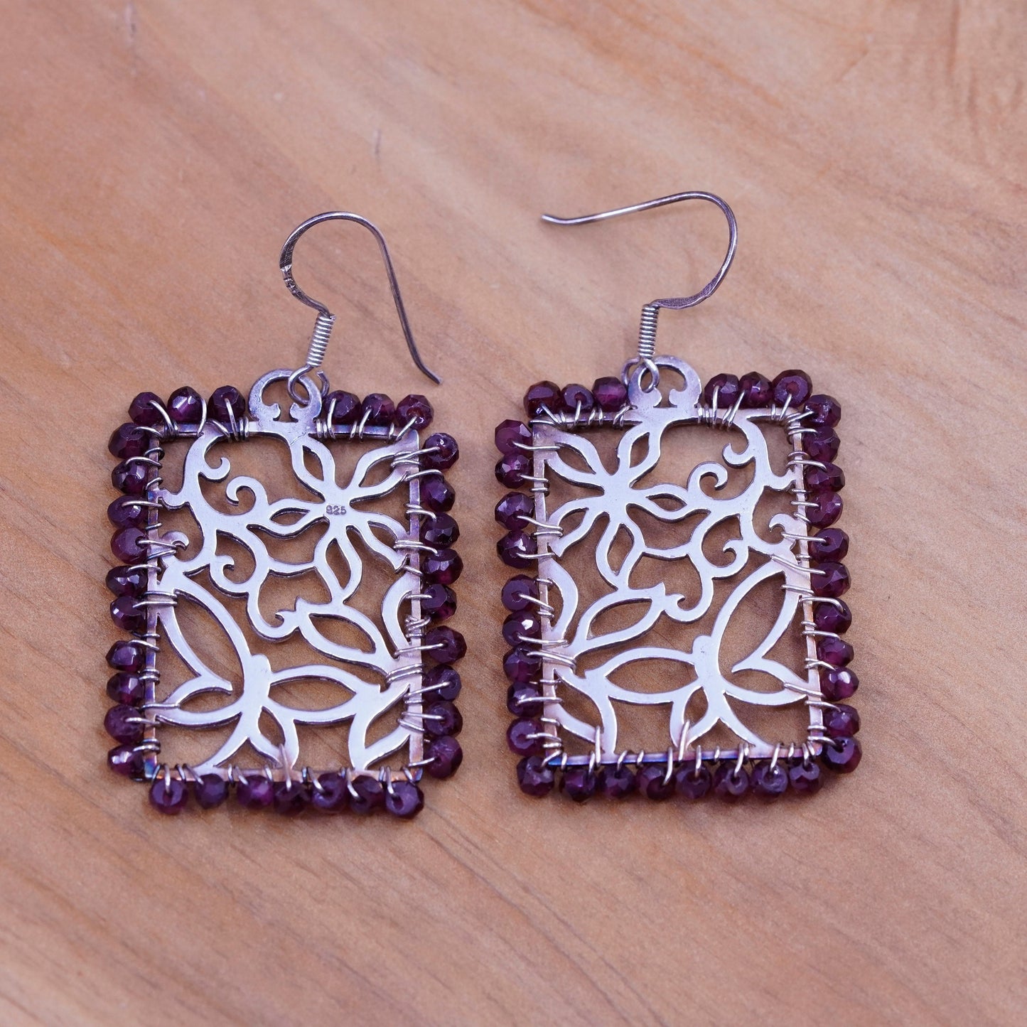 Vintage Sterling 925 silver handmade flower earrings with cluster garnet