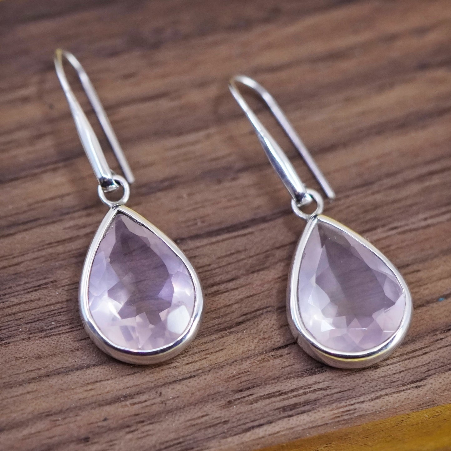 Vintage Sterling 925 silver handmade earrings with teardrop pink rose quartz
