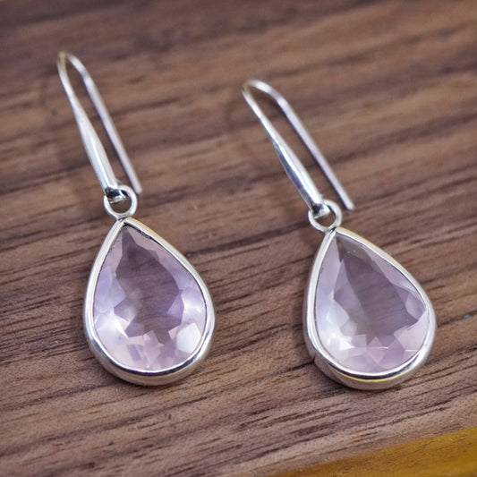 Vintage Sterling 925 silver handmade earrings with teardrop pink rose quartz
