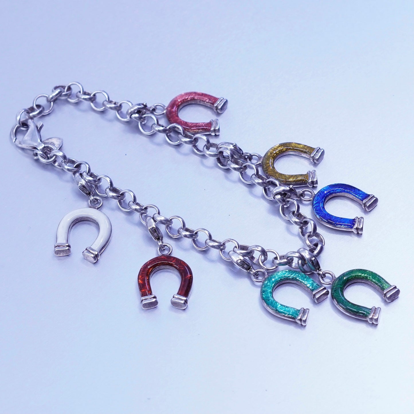 7.25”, Hidalgo jewelry Sterling 925 silver bracelet, chain horseshoe charms