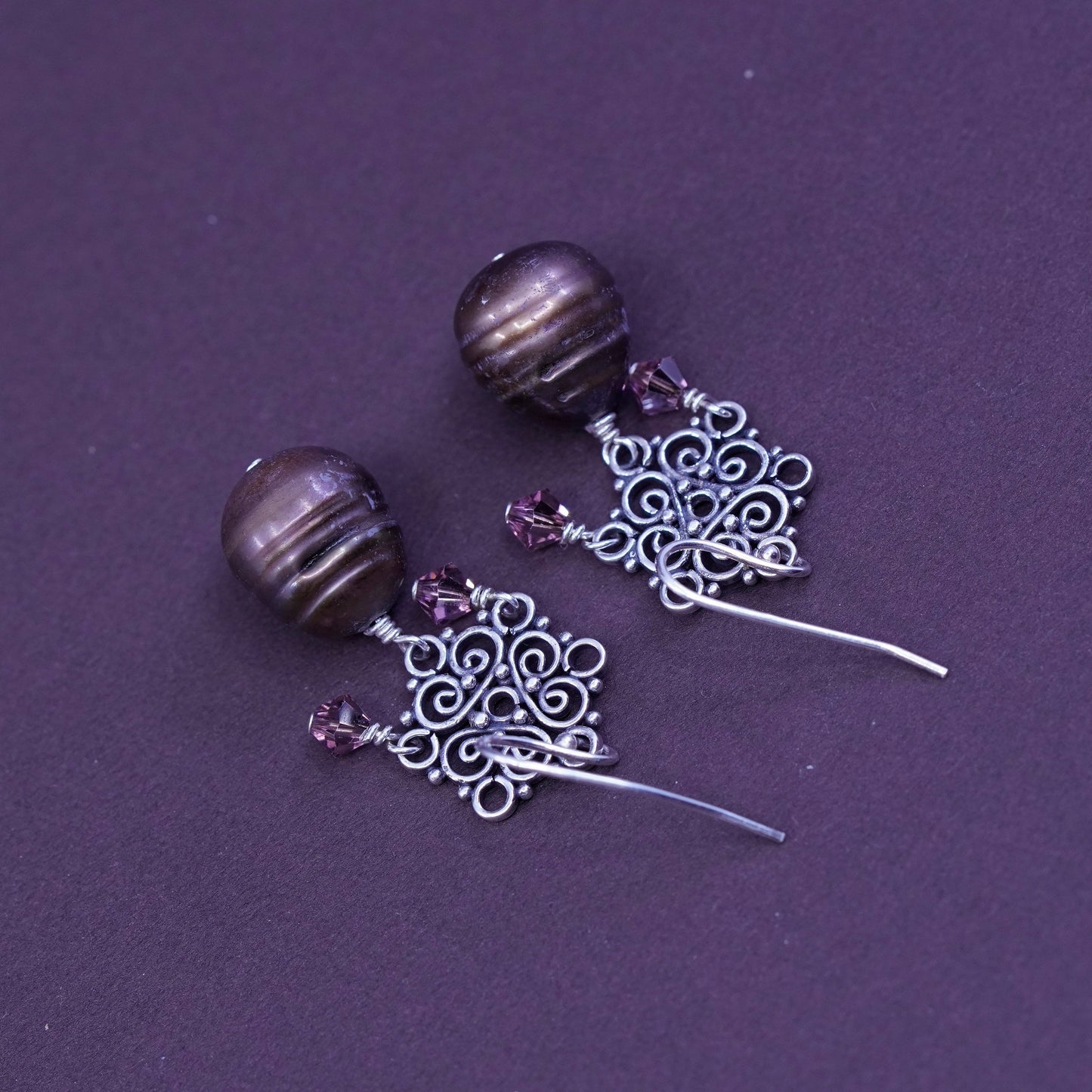 Vintage sterling silver handmade earrings, 925 filigree with purple pearl drops