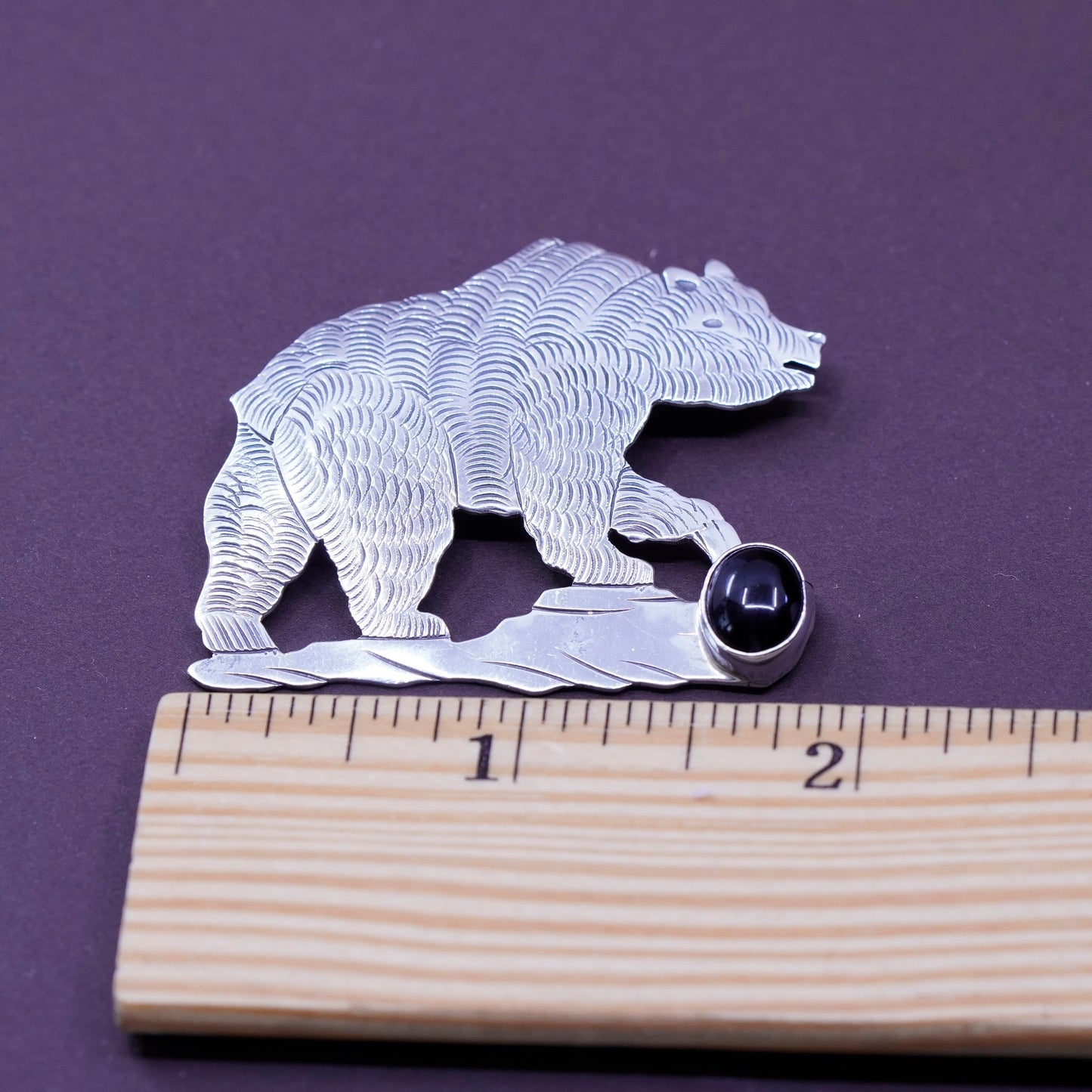 antique DY southwestern handmade sterling 925 silver bear brooch with obsidian