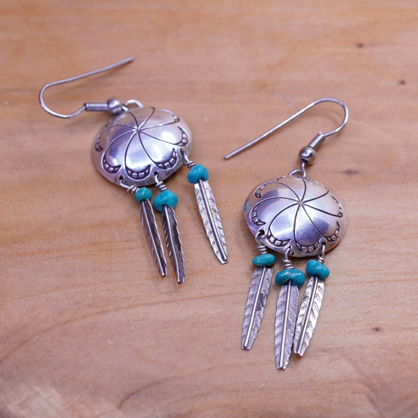 Vintage Sterling 925 silver handmade disc earrings with turquoise and feather