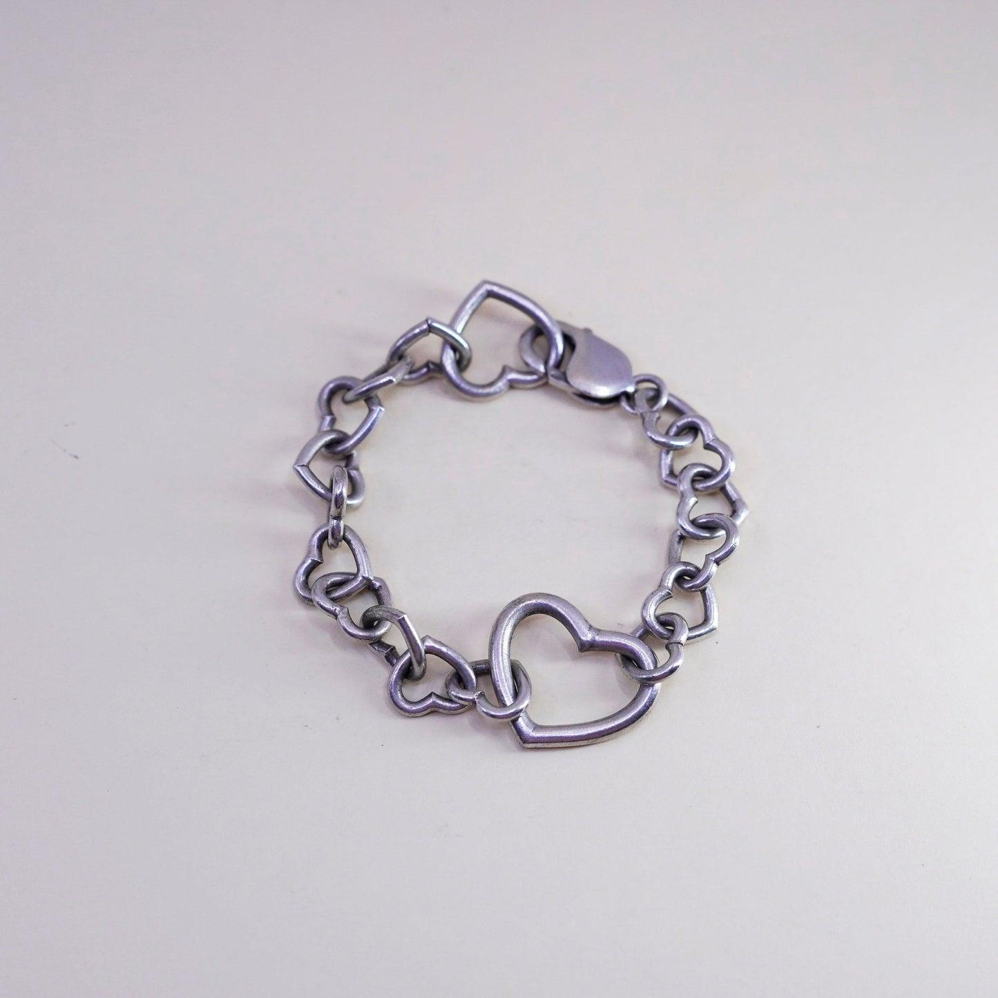 6”, Vintage sterling silver handmade link bracelet, 925 heart chain