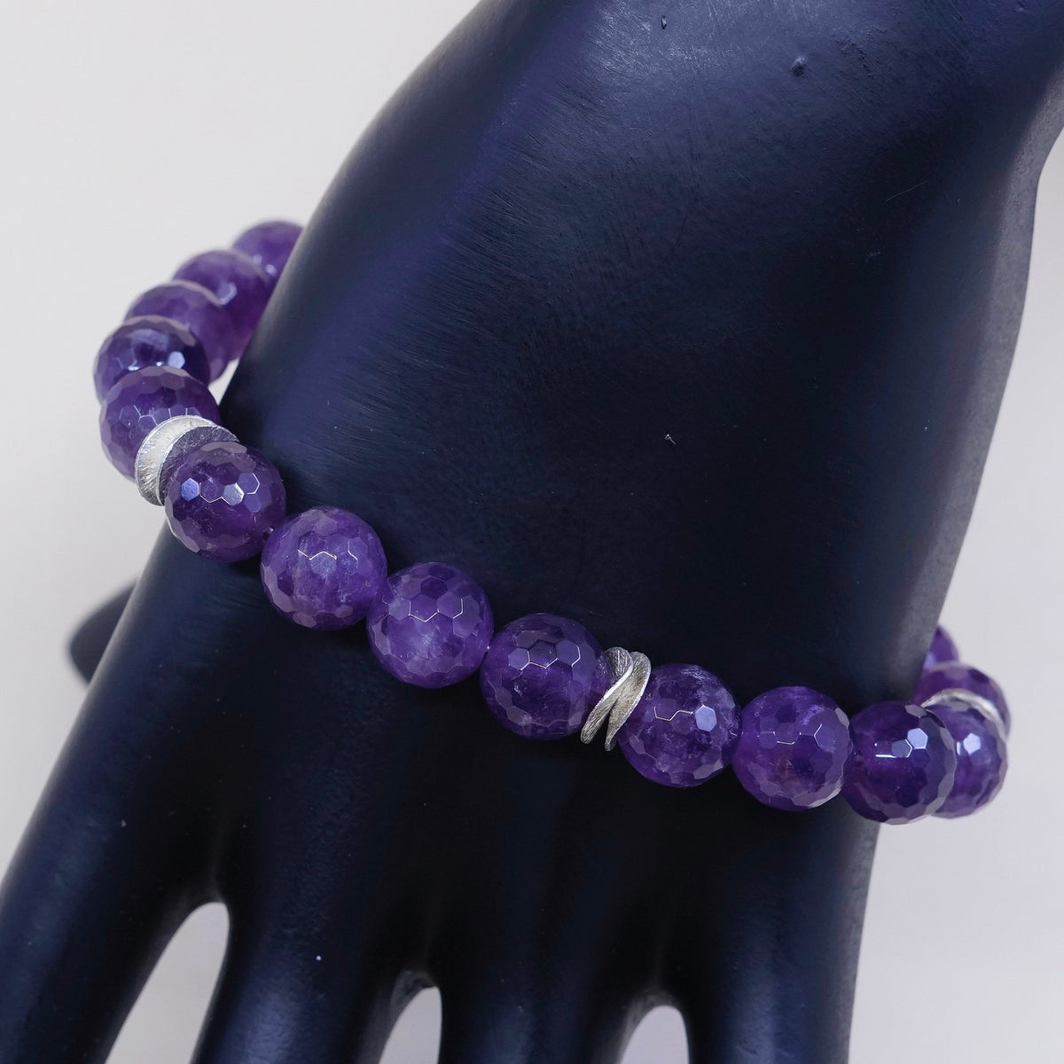 7.5” Vintage Sterling 925 silver handmade bracelet, natural amethyst beads