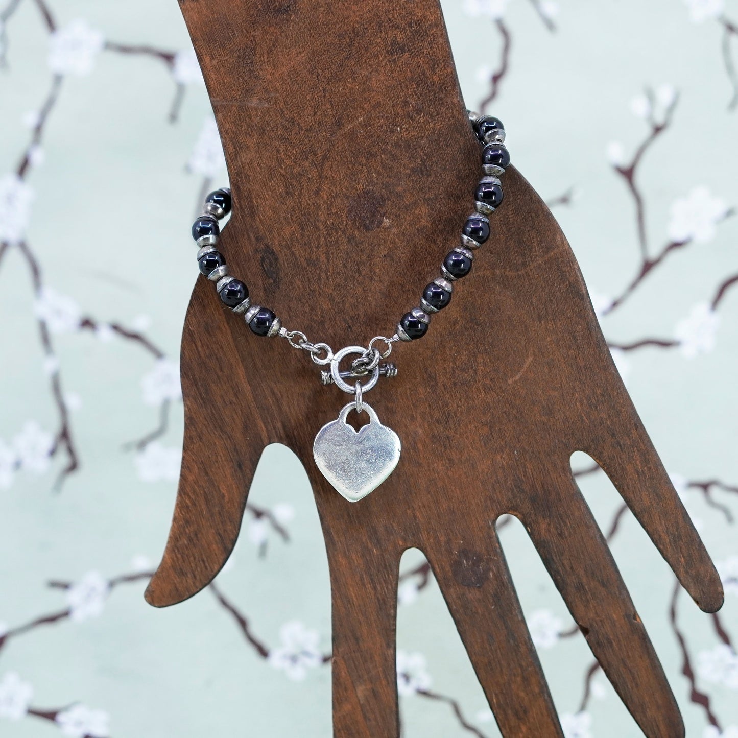 7”, Sterling 925 silver bracelet with obsidian bead chain and heart closure