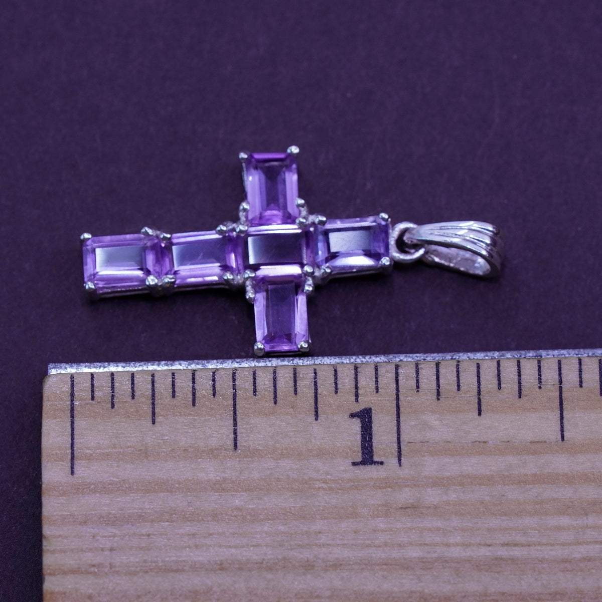 Vintage Sterling silver handmade pendant, 925 cross with Violet Cz, Christian