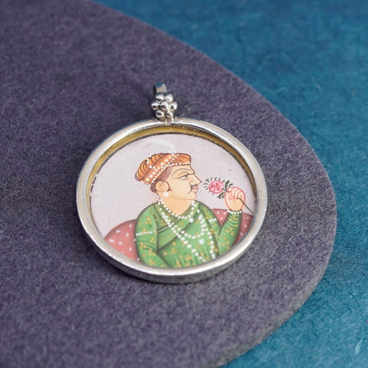 Sterling silver handmade pendant, 925 circle with man in traditional costume
