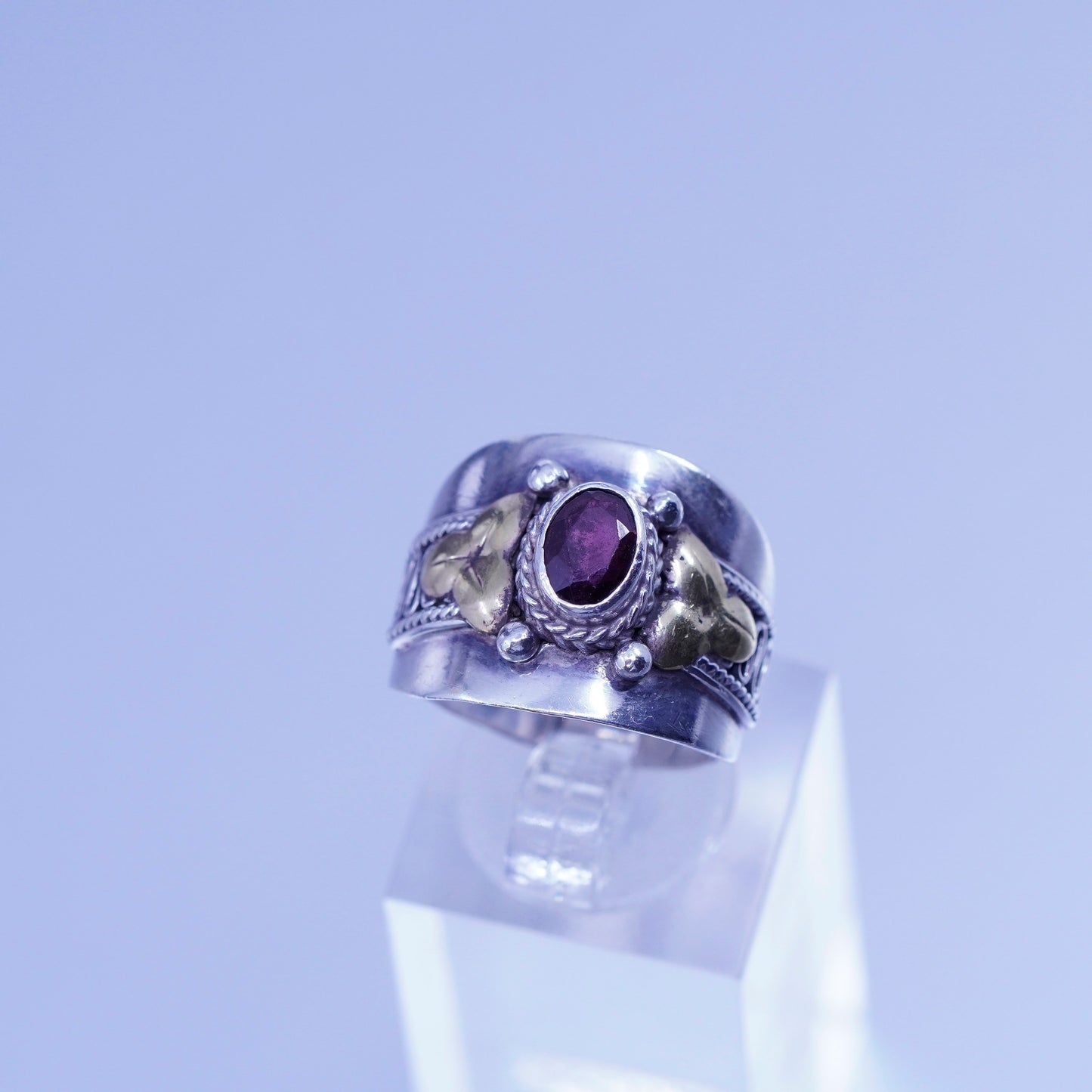 Size 6.25, vintage Sterling 925 silver handmade wide ring with ruby and cable