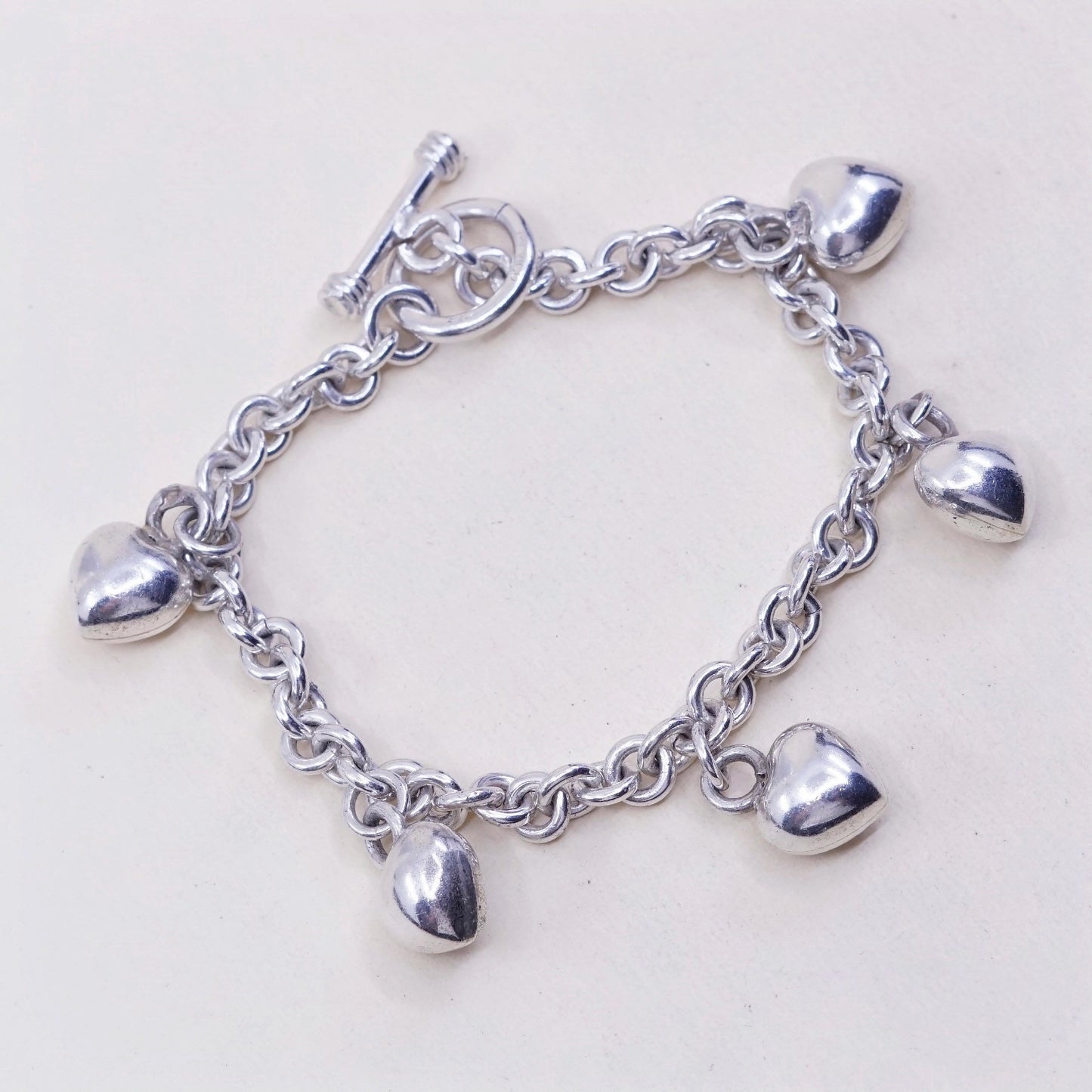 7“, 5mm, Vintage sterling 925 silver circle bracelet with solid heart charm