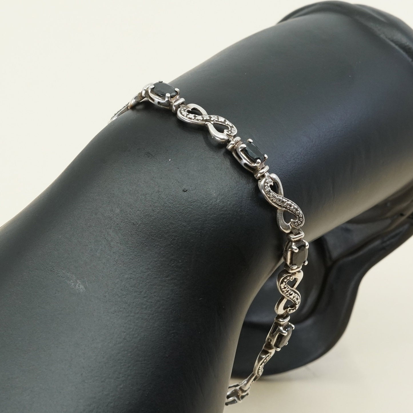 7.5” Vintage sterling 925 silver double heart with obsidian tennis bracelet