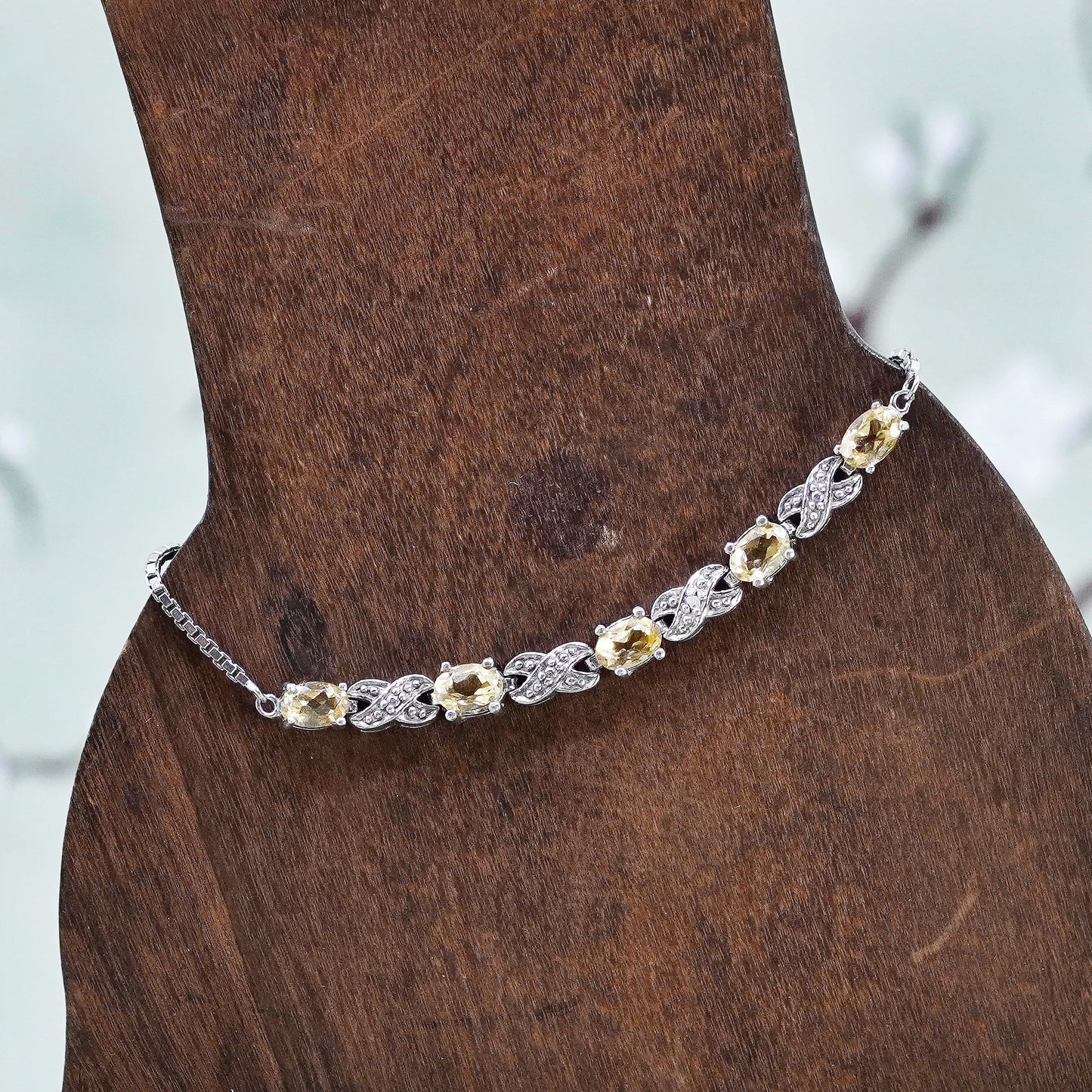 Size adjustable, Vintage sterling silver bracelet, 925 box chain with citrine