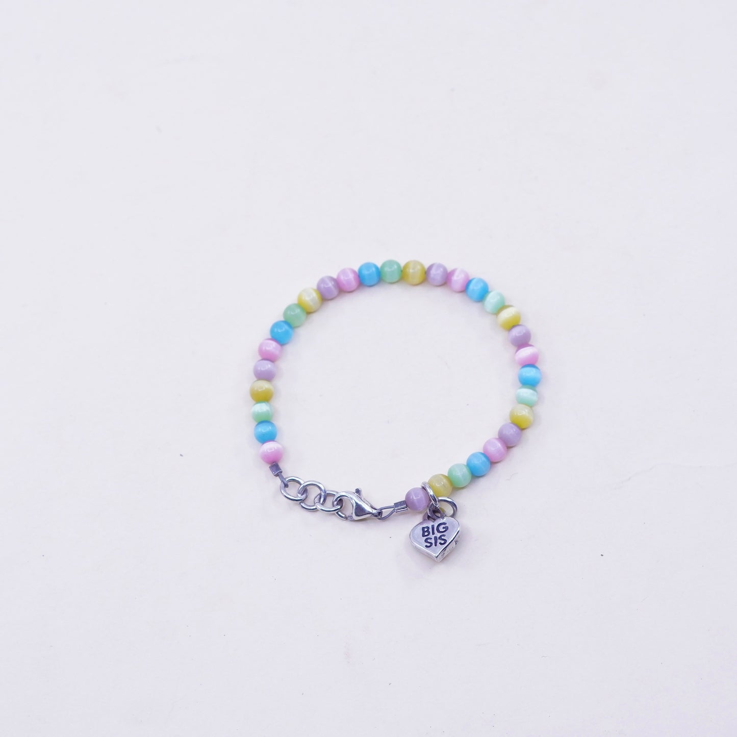 5.5”, sterling 925 silver handmade bracelet, colorful tiger eye heart charm