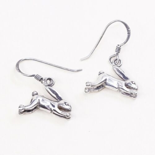 Vtg 925 Sterling Silver Handmade Bunny Rabbit Dangle Earrings, Stamped 925
