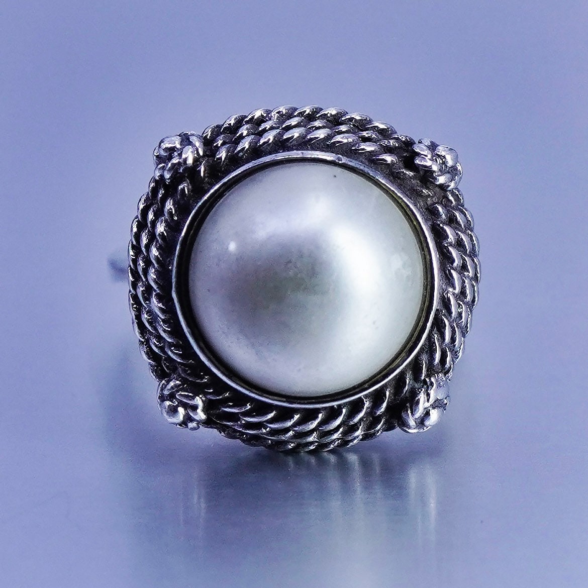 Size 4.5, vintage Sterling 925 silver handmade ring with pearl and cable