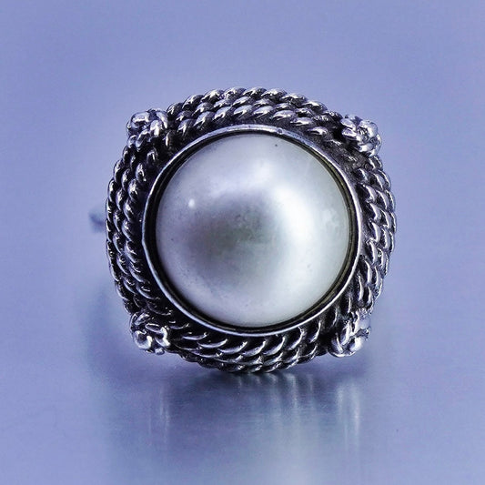 Size 4.5, vintage Sterling 925 silver handmade ring with pearl and cable