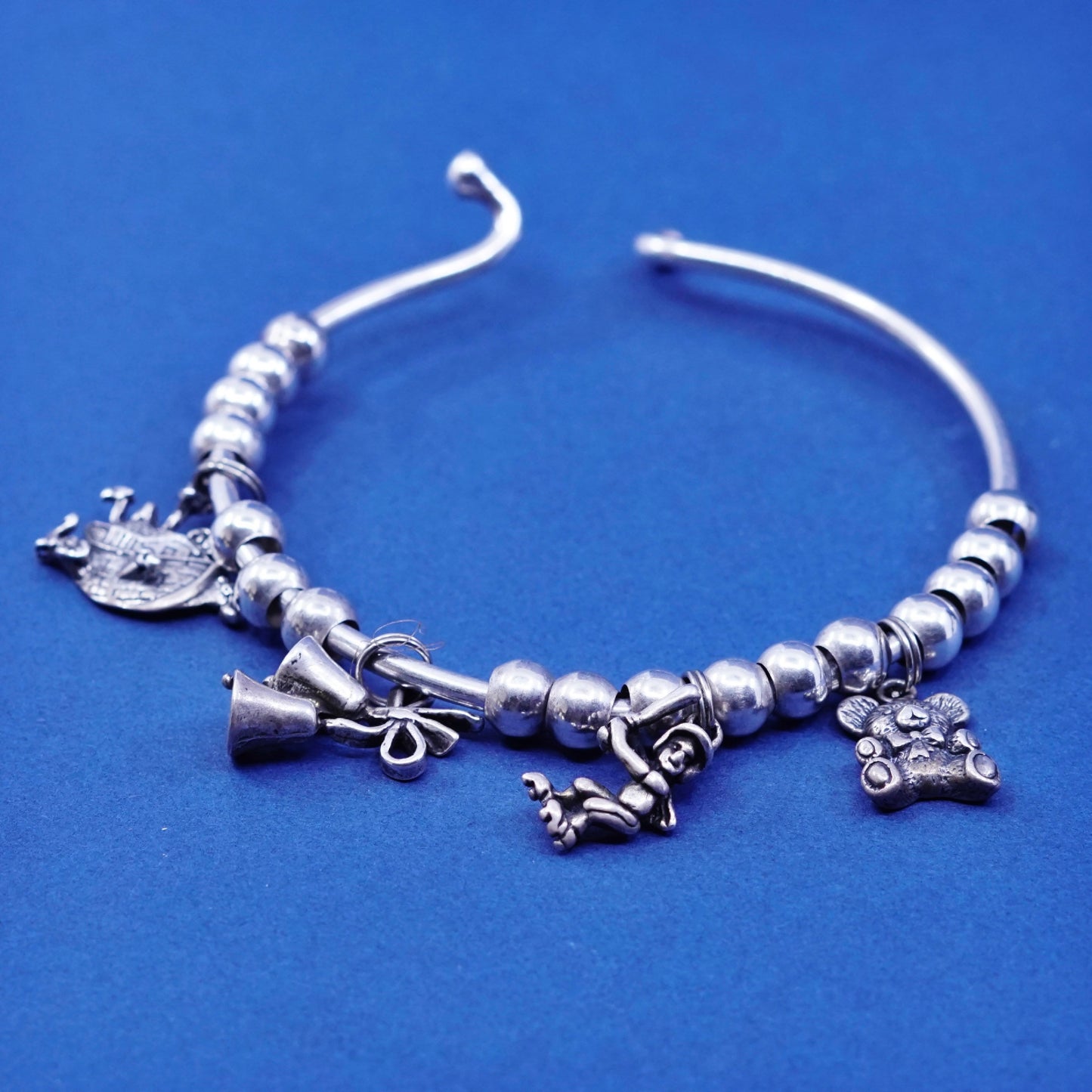 7”, southwestern Sterling silver bracelet, 925 beads bangle with Noah’s ark