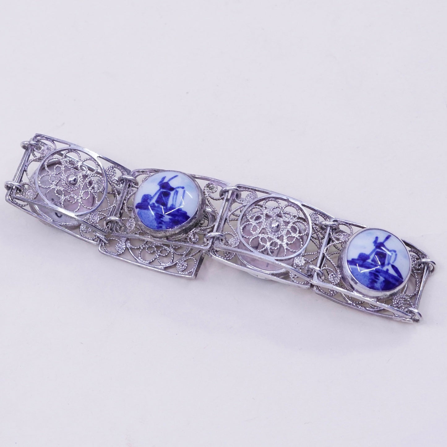 vtg Holland Delft Blue Windmill .925 Sterling Silver Bezel filigree bracelet