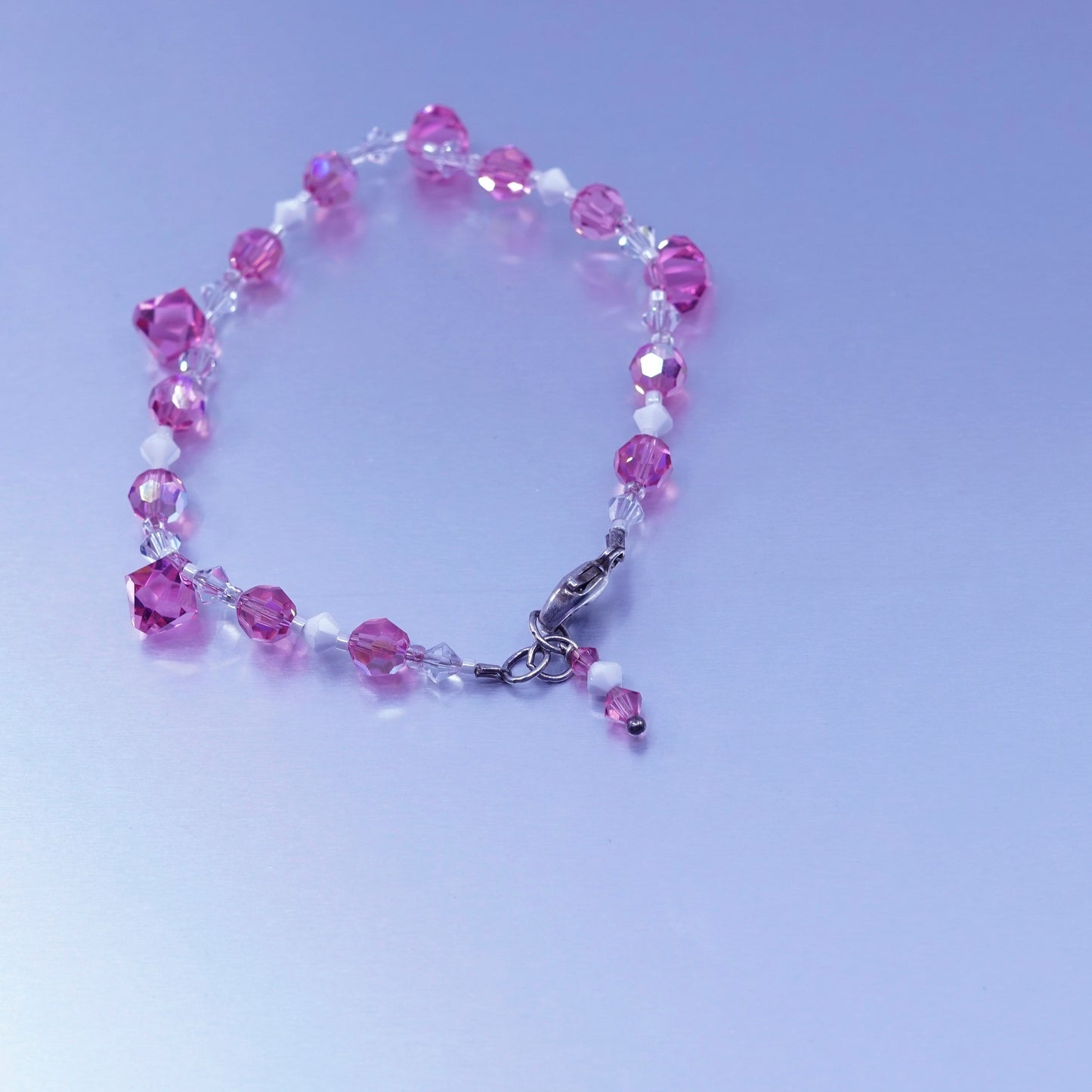 7”, vintage Sterling 925 silver handmade bracelet with pink crystal beads