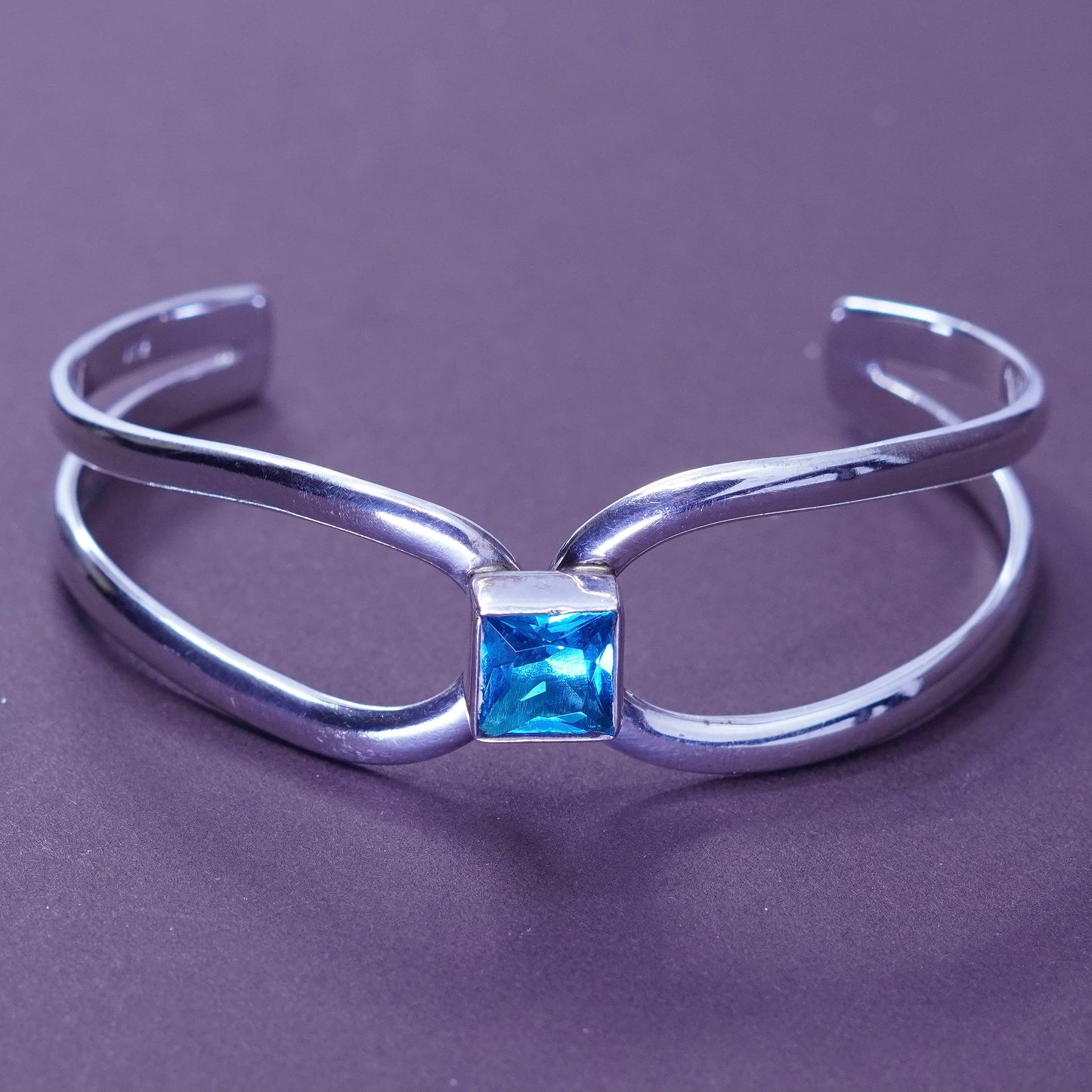 7”, antique sterling silver handmade bracelet, 925 wavy cuff with square topaz