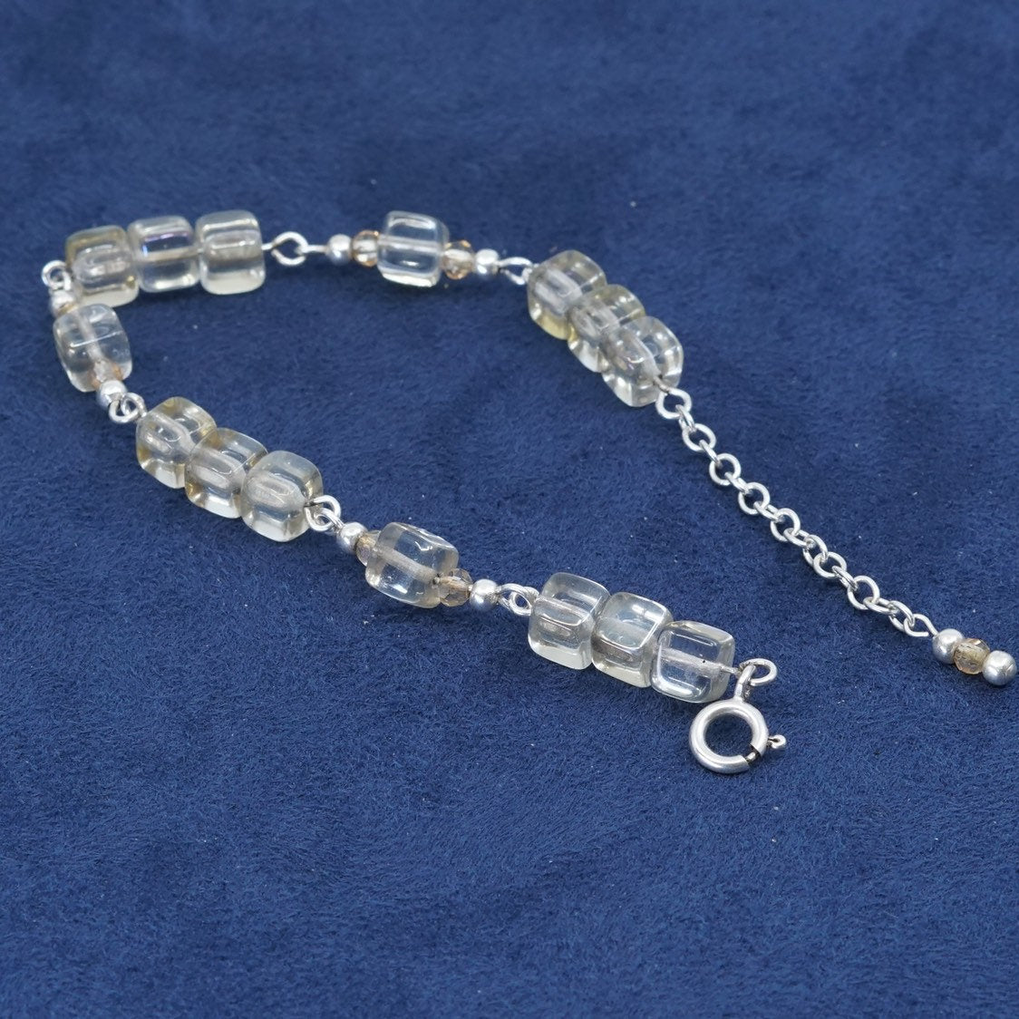 7"+1”, vtg handmade sterling silver bracelet, clear glass beads, stamped 925